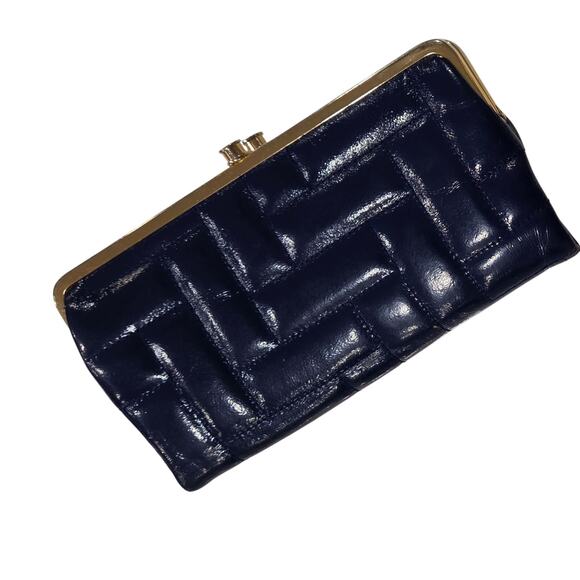 Hobo Bags Int'l Blue Quilted Genuine Patent Leather Lauren Large Wallet Clutch - Picture 1 of 8